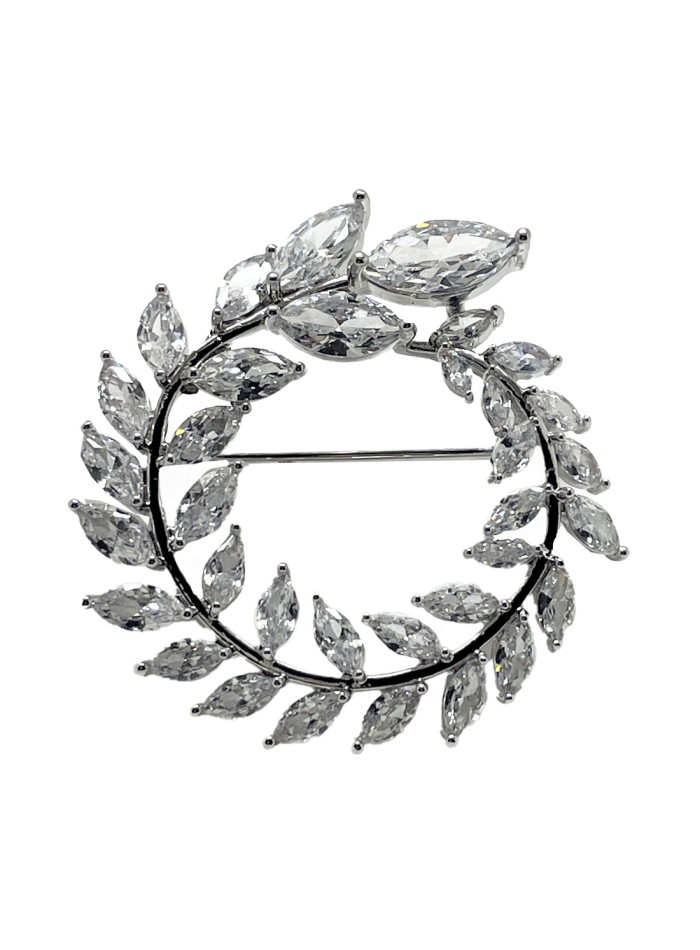 Round silver plated brooch with leaf-shaped crystals
