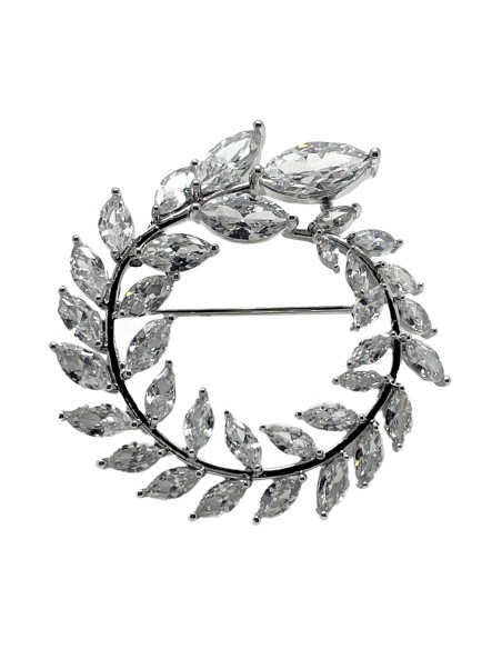 Round silver plated brooch with leaf-shaped crystals