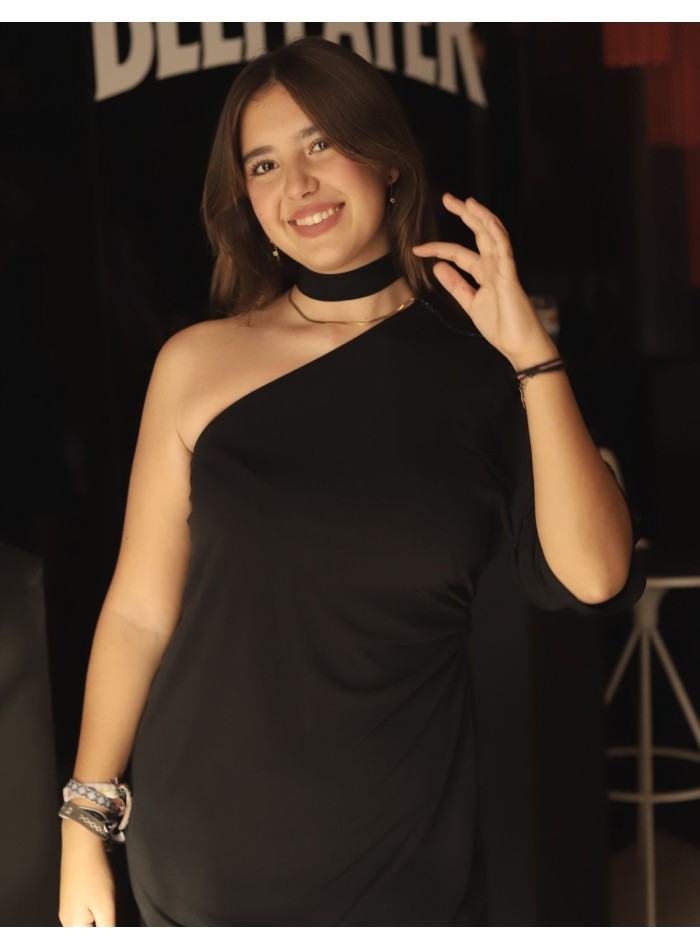 Short black party dress with asymmetrical neckline