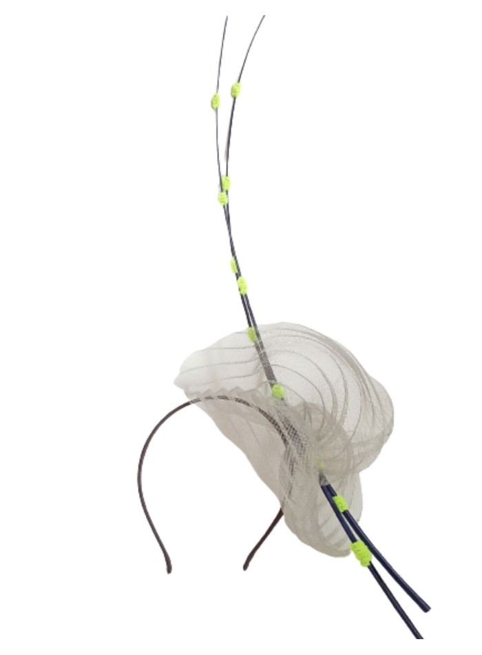 Silver gray headpiece for daytime events.