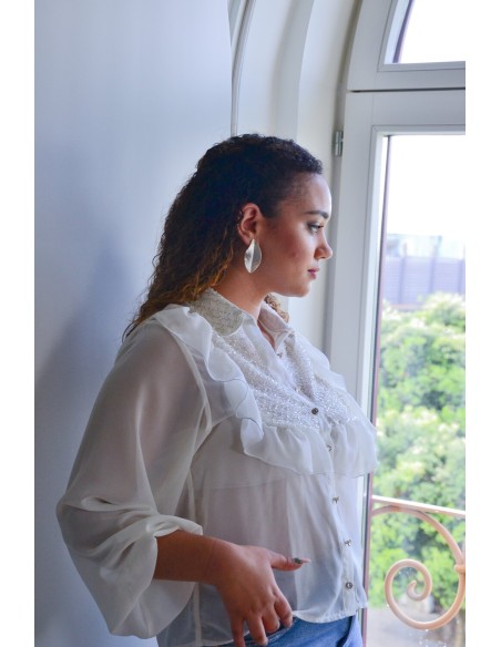White party blouse with ruffles and crystals