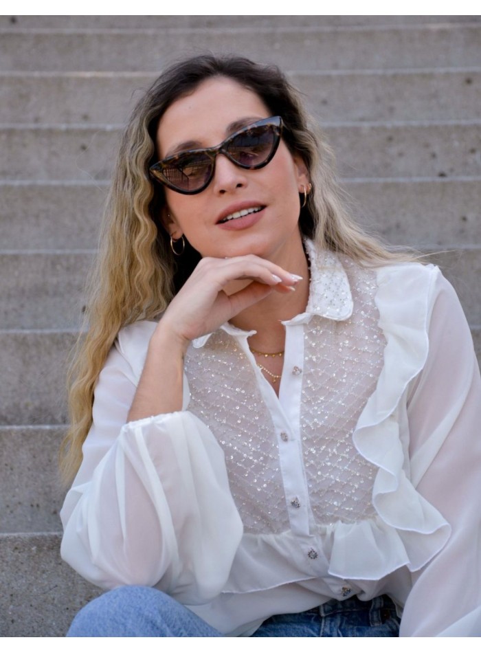 White party blouse with ruffles and crystals