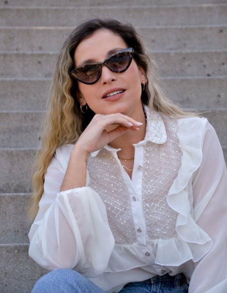 White party blouse with ruffles and crystals