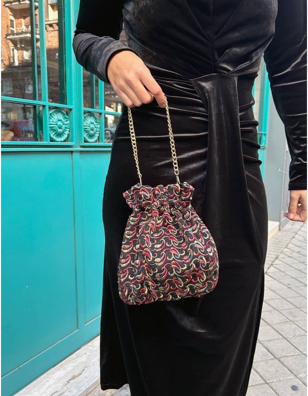Bolso bombonera estampada con hilos metalizados