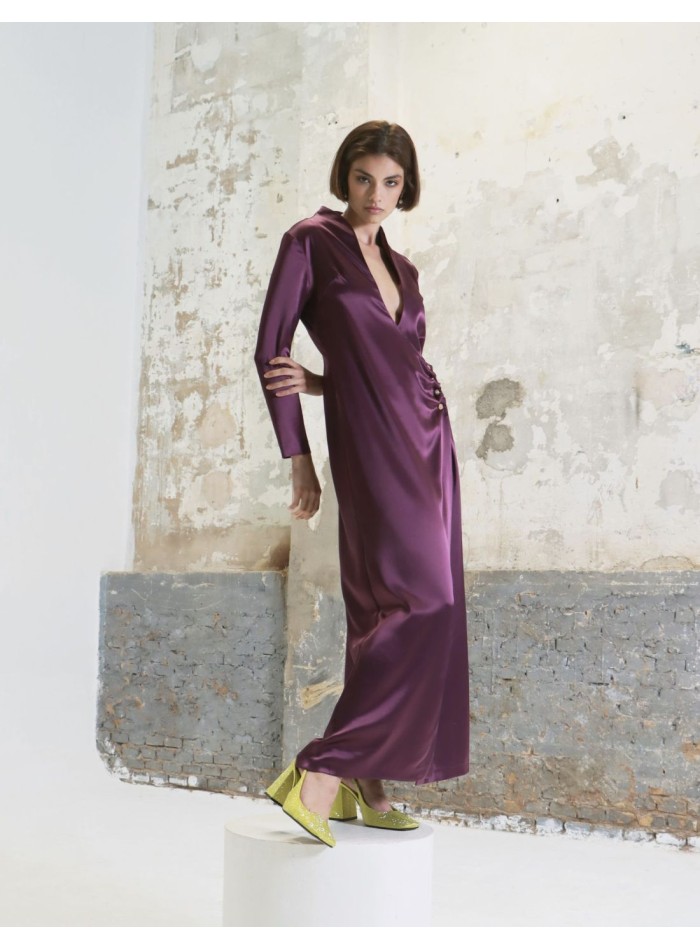 Long burgundy satin party dress with buttons