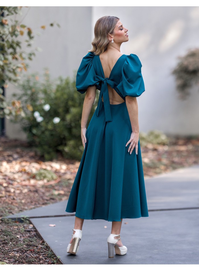 Midi dress with short puffed sleeves and flounce skirt