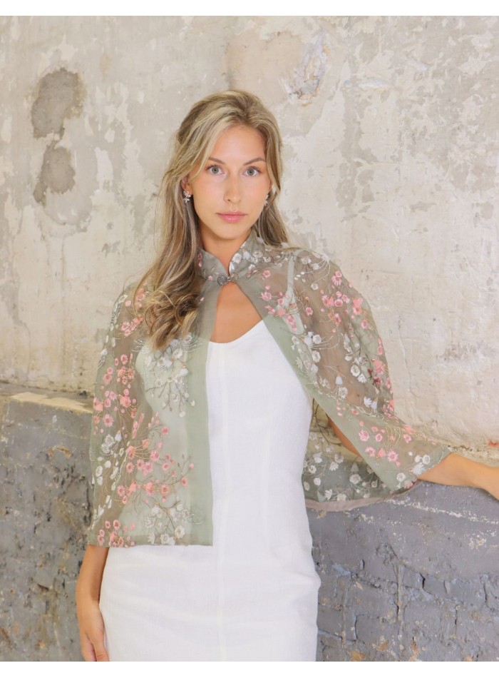 Embroidered silk organza short party cape