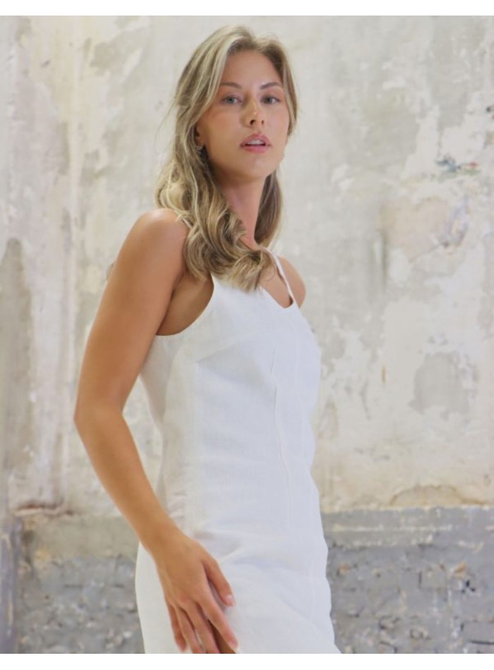 White lingerie dress with shoulder straps and side slit