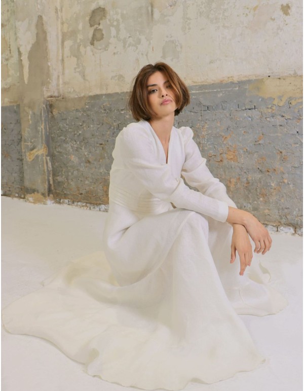 Vestido de novia largo en lino blanco con manga larga 2