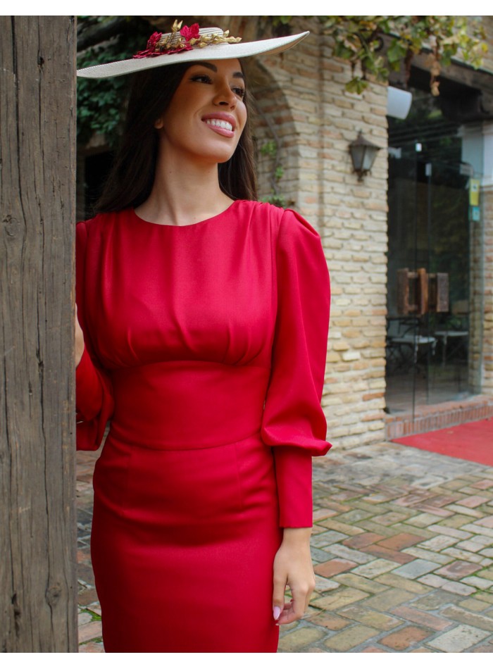 Midi party dress with puff sleeves and straight skirt red