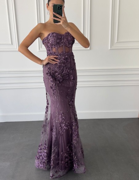 Strapless party dress with rose details