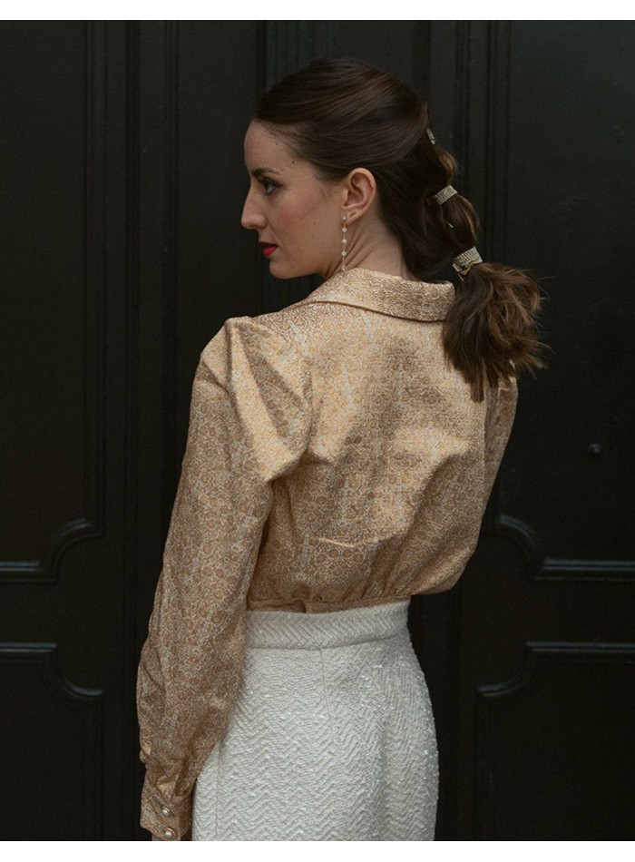 Blouse de fête imprimée dorée à manches bouffantes