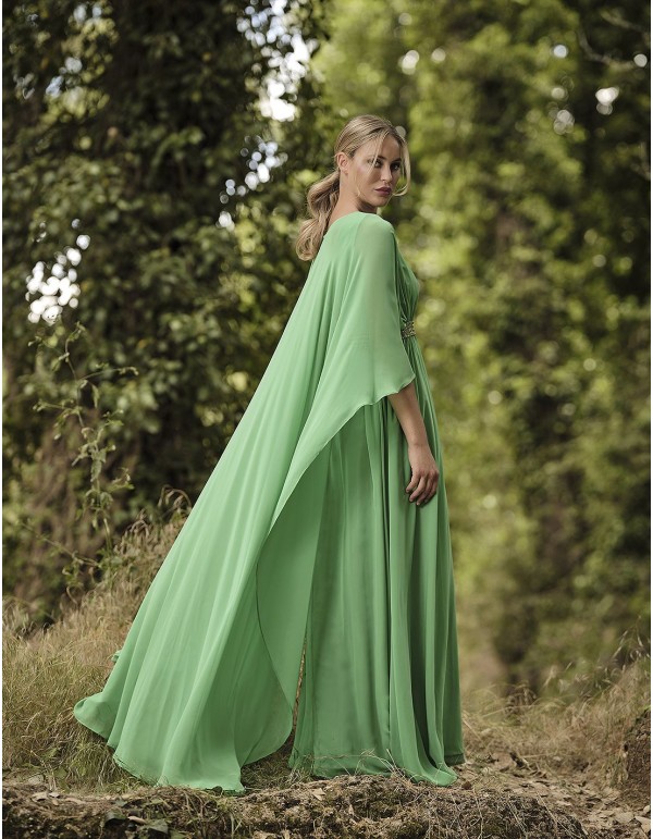 Long ball gown with cape and rhinestone sash