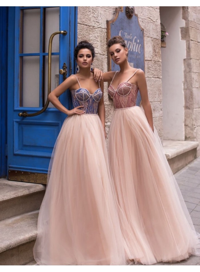 Long party dress with embroidered corset and pink tulle skirt