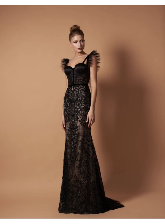 Long party dress with corset bodice and black brocade
