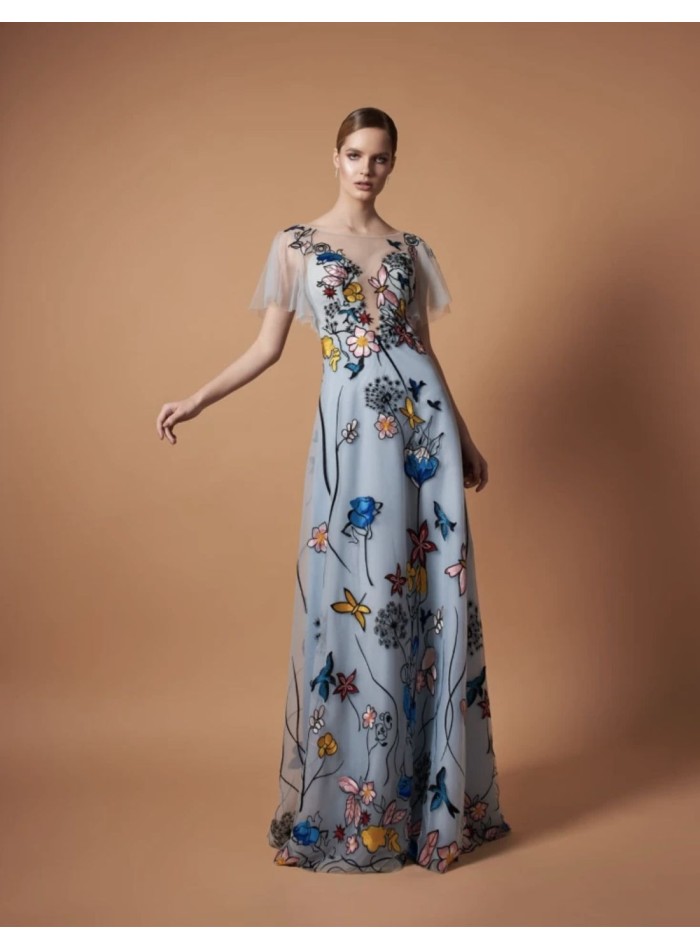 Long party dress with floral tulle