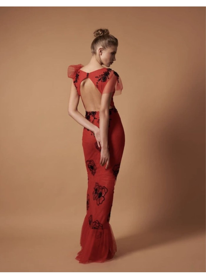 Embroidered Lace Evening Gown with Botanical Appliqués