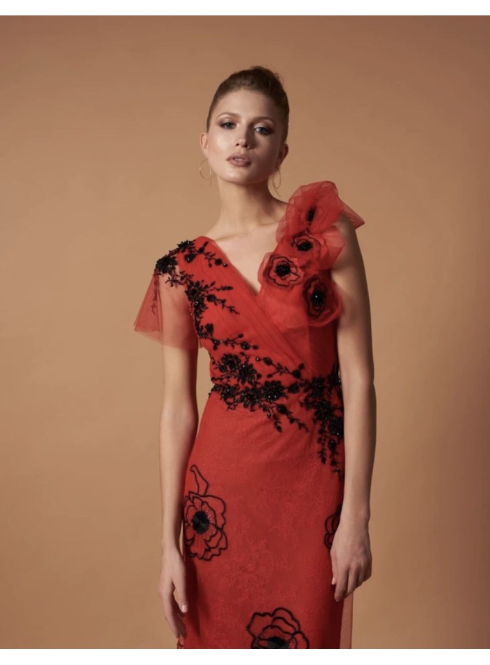 Vestido de fiesta largo de tul bordado de apliques