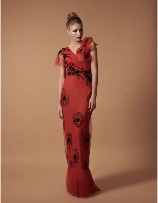 Robe longue de fête en tulle brodé d'appliqués