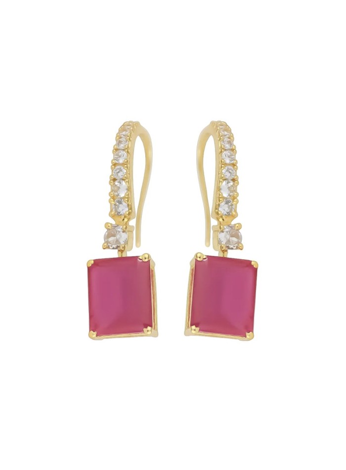 Gold plated party earrings with zirconia and rectangular colored stone