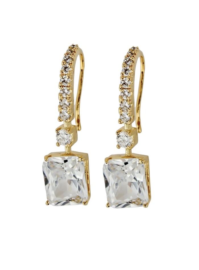 Gold plated party earrings with zirconia and rectangular colored stone