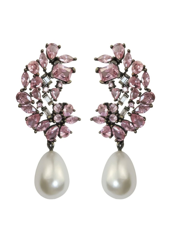 Silver party earrings with rhinestones and white pearls