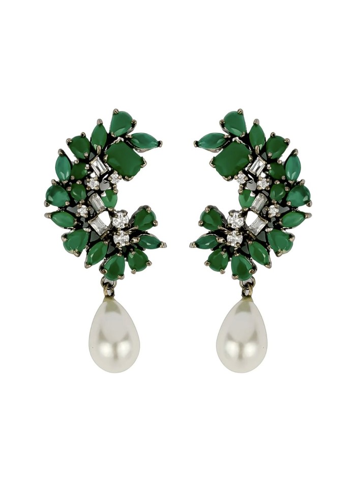 Silver party earrings with rhinestones and white pearls