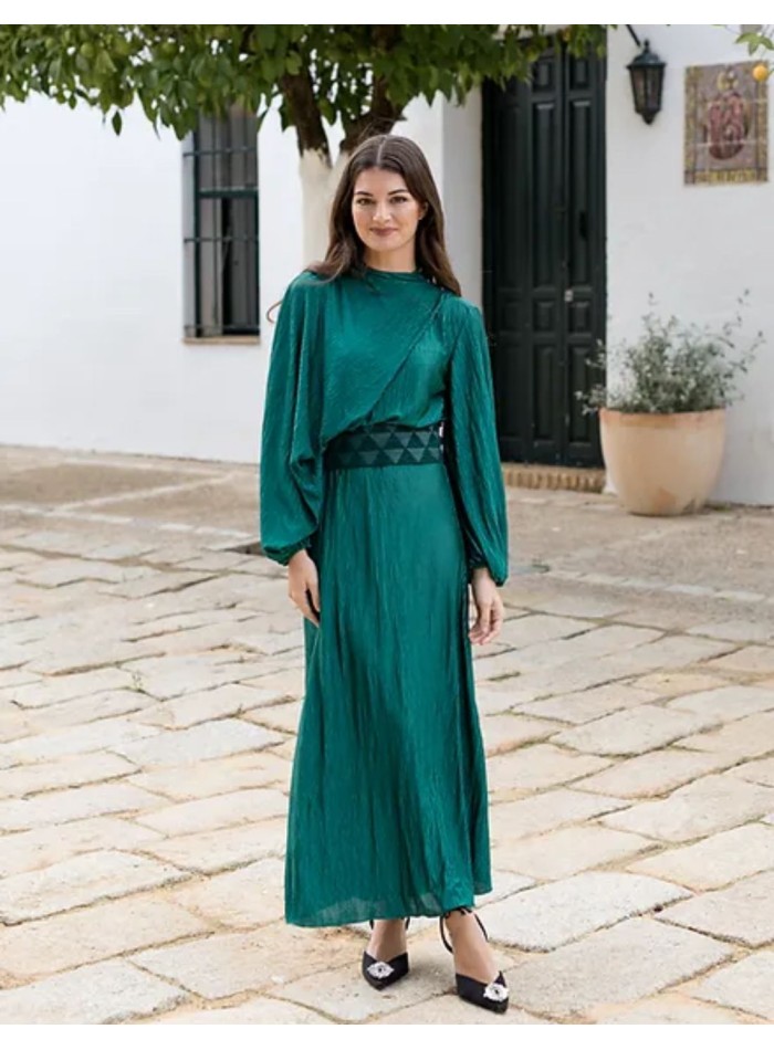 Bottle green midi party dress with long sleeves