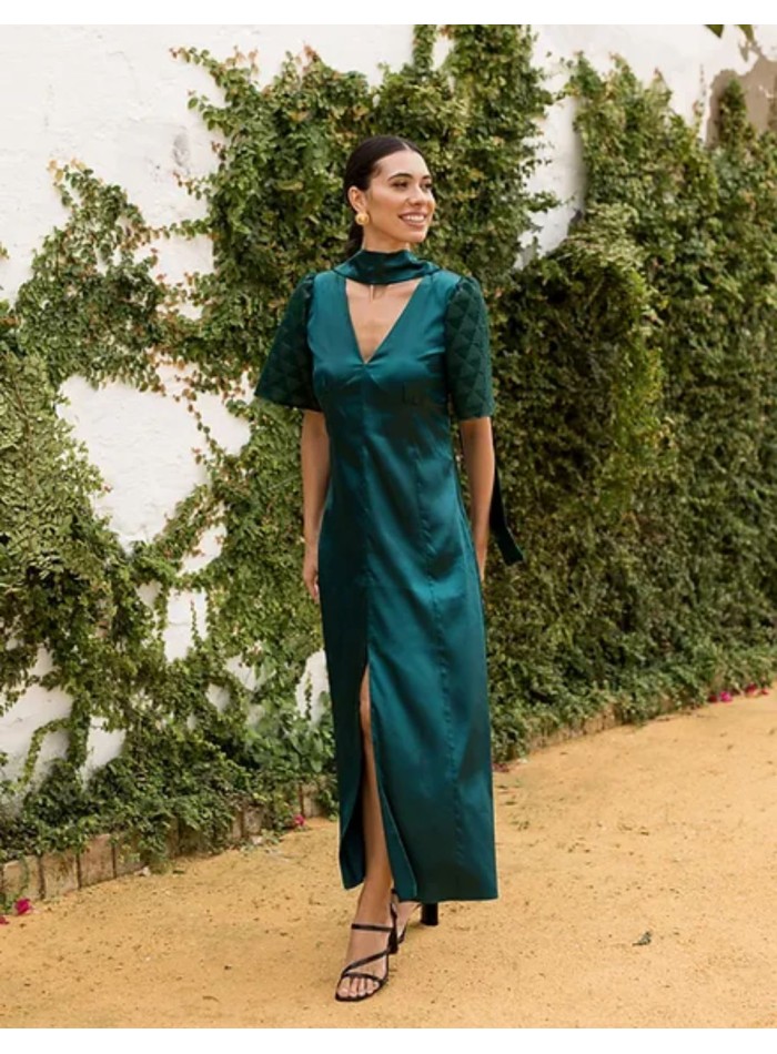 Robe de soirée midi verte imprimée à manches courtes