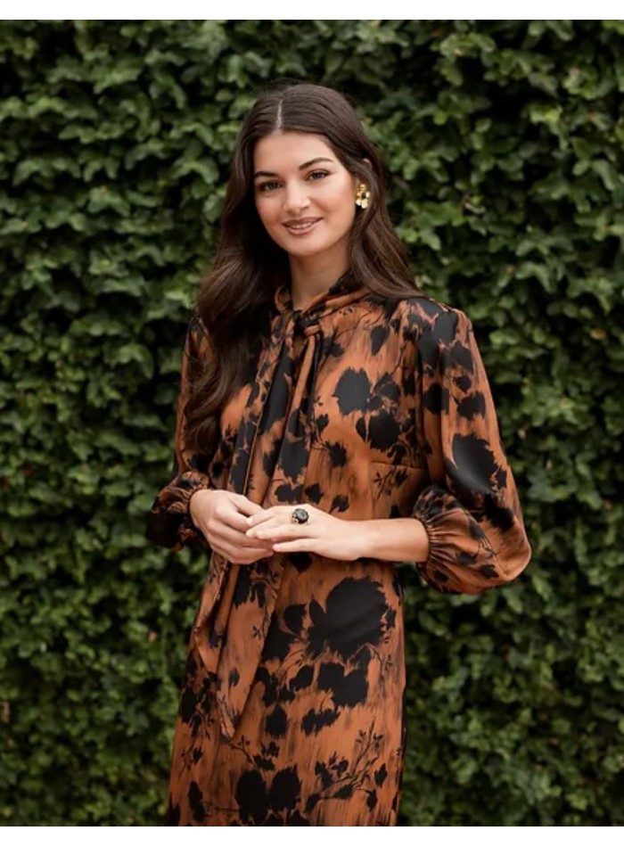 Brown party blouse with black floral print