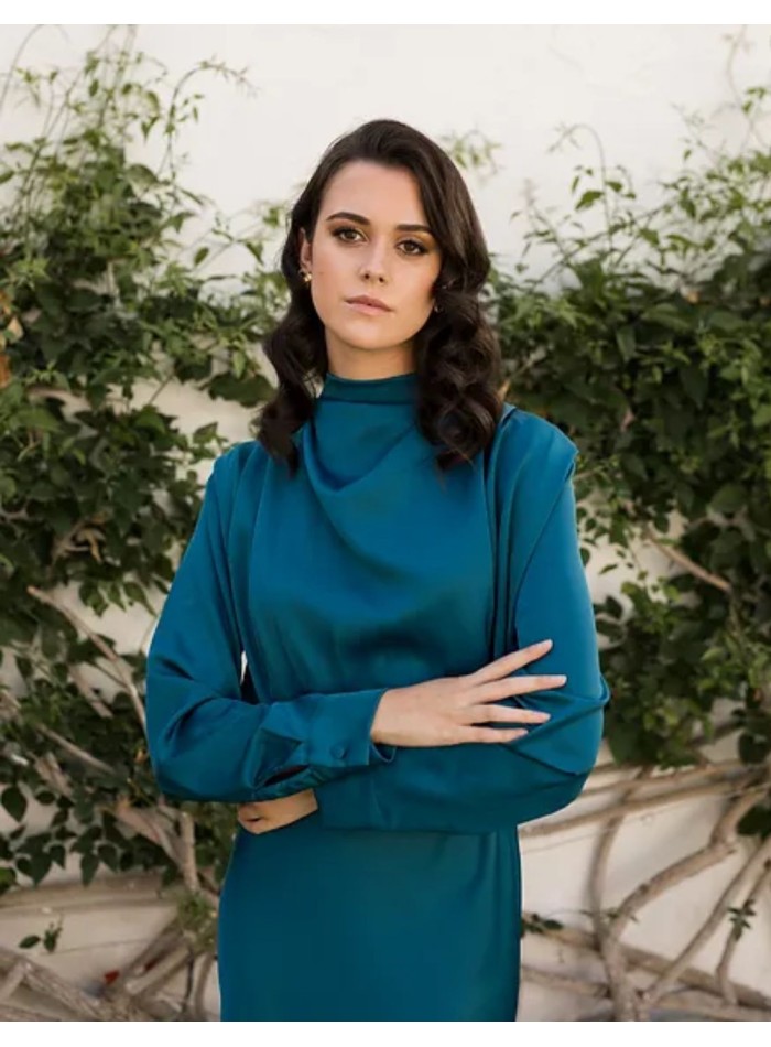Petrol midi party dress with long sleeves