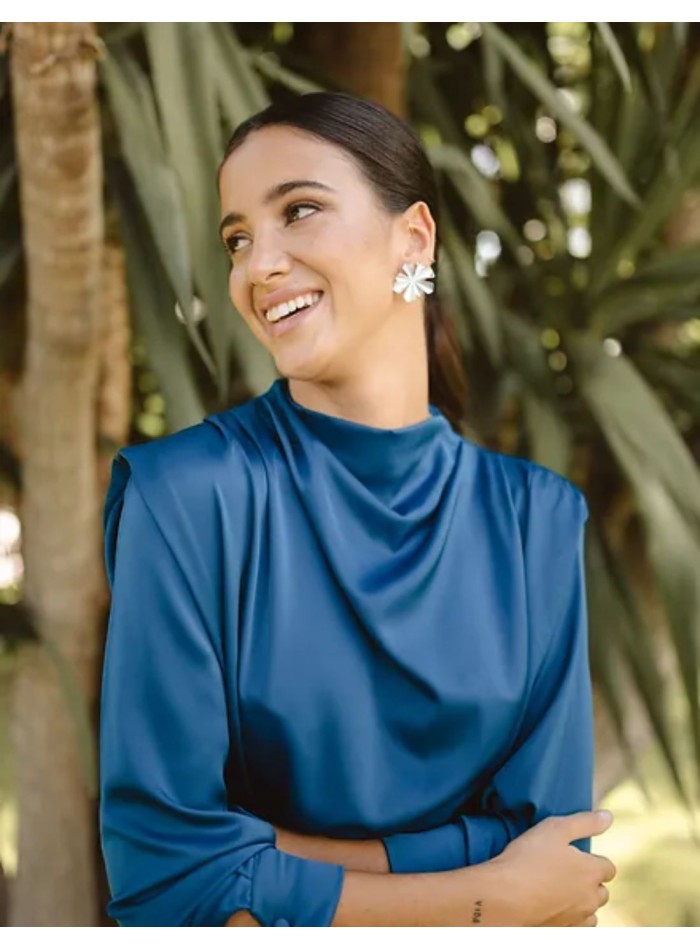 Petrol midi party dress with long sleeves