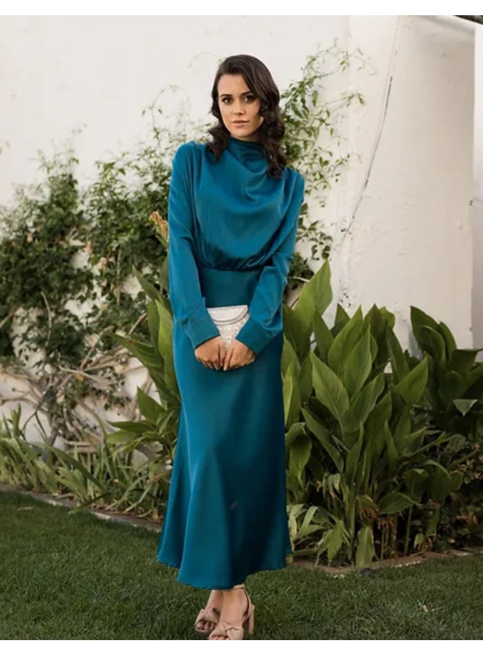 Petrol midi party dress with long sleeves