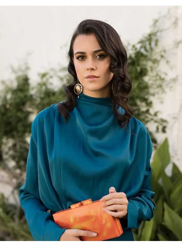 Vestido midi de fiesta petróleo con manga larga