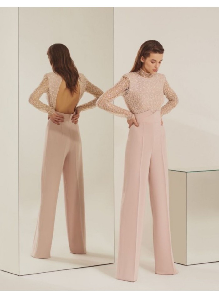Long sleeved powder pink party jumpsuit with long sleeves