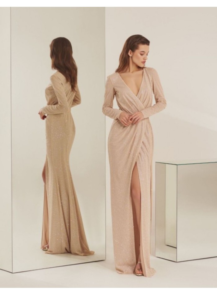 Robe longue de fête avec strass et manches longues