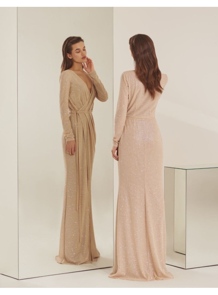 Long party dress with rhinestones and long sleeves