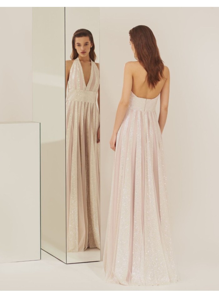 Long party dress with halter neckline and long...