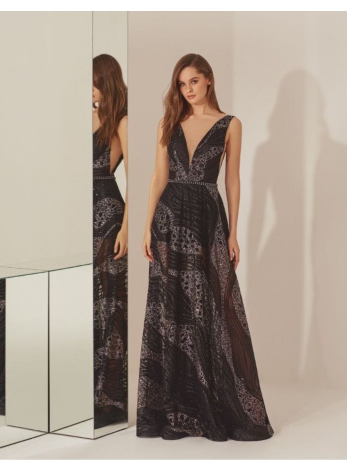 Robe longue de soirée noire brodée de strass