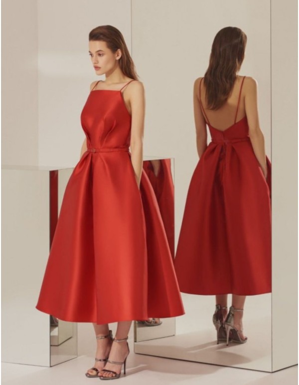 Red midi party dress with straight halter neckline and...