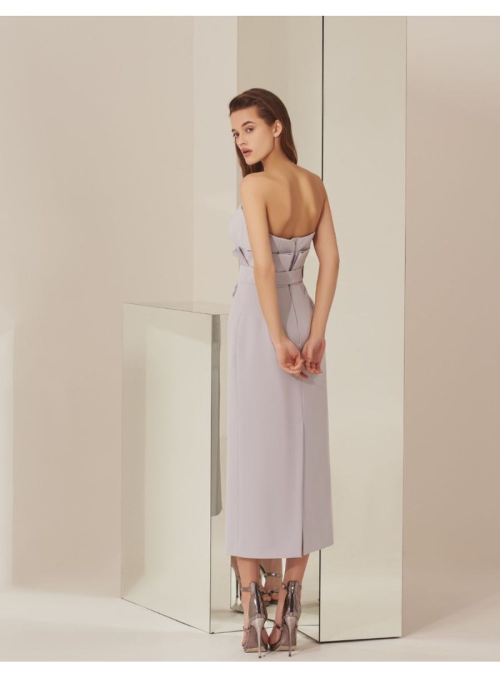 Strapless midi party dress with bow in the middle