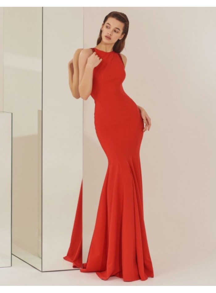 Robe longue de fête rouge avec coupe sirène et dos ouvert