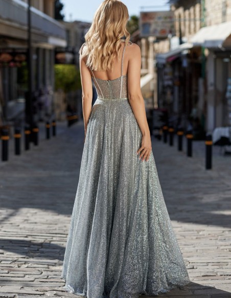 Long party dress with shiny fabric and corset bodice