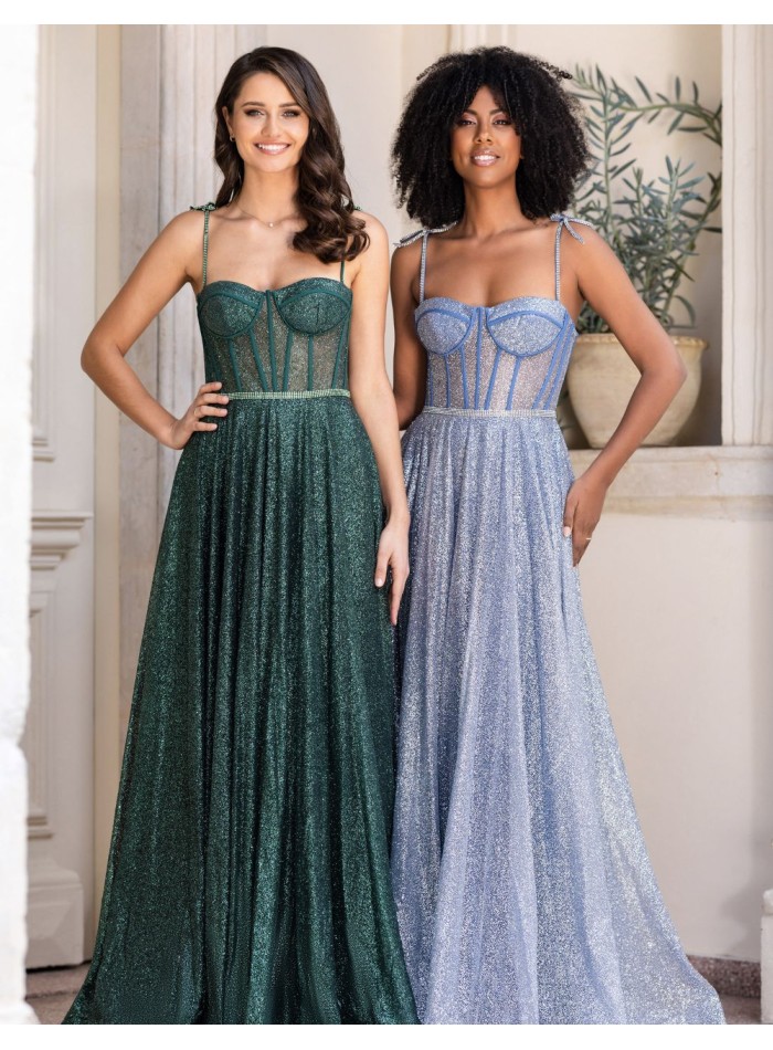 Robe longue de fête avec tissu brillant et corsage