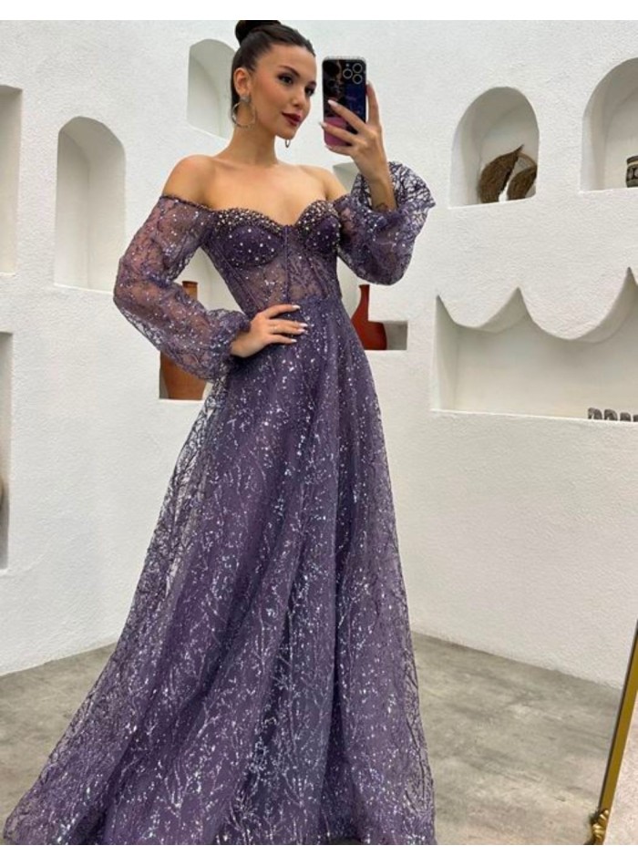 Robe longue de fête en tulle brodé brillant avec manches ballon