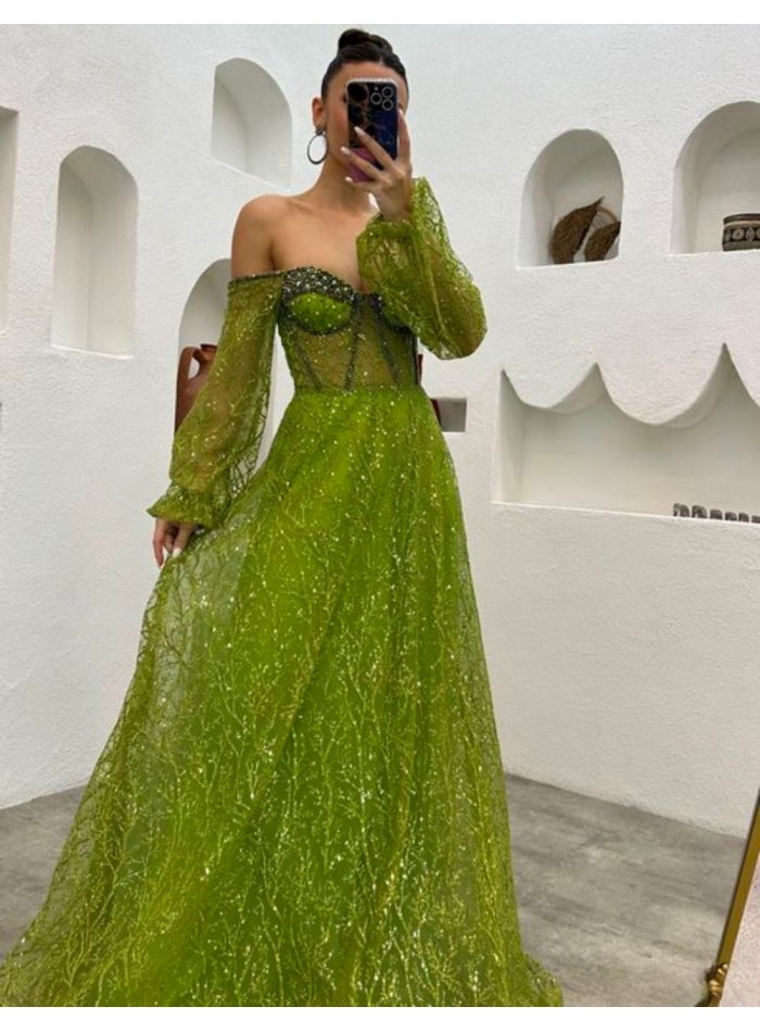 Robe longue de fête en tulle brodé brillant avec manches ballon