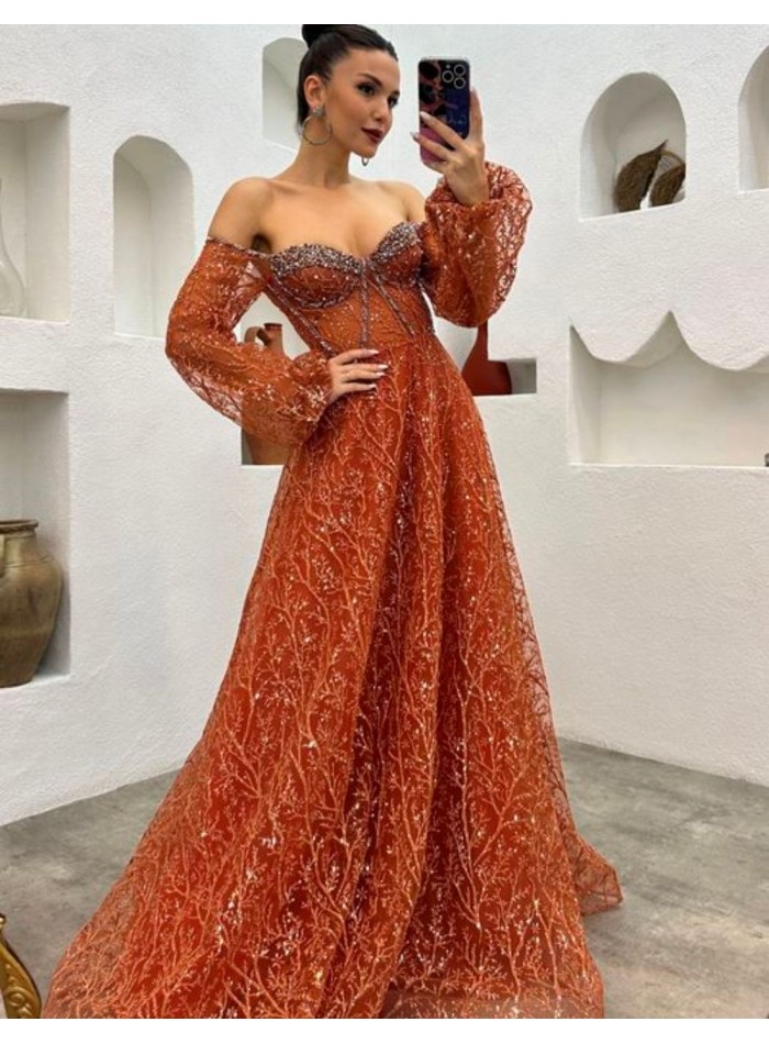 Robe longue de fête en tulle brodé brillant avec manches ballon