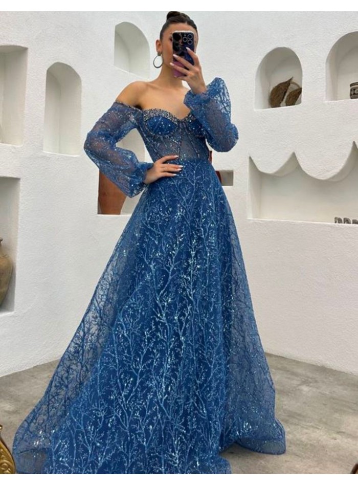 Robe longue de fête en tulle brodé brillant avec manches ballon