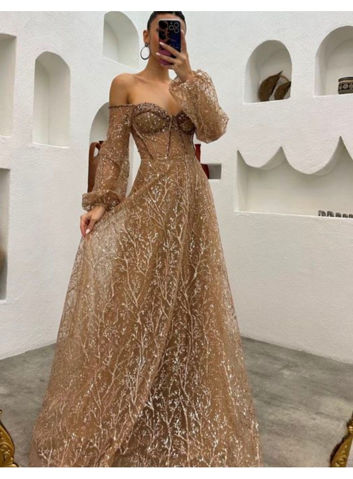 Robe longue de fête en tulle brodé brillant avec manches ballon