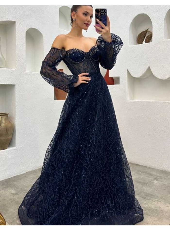 Robe longue de fête en tulle brodé brillant avec manches ballon